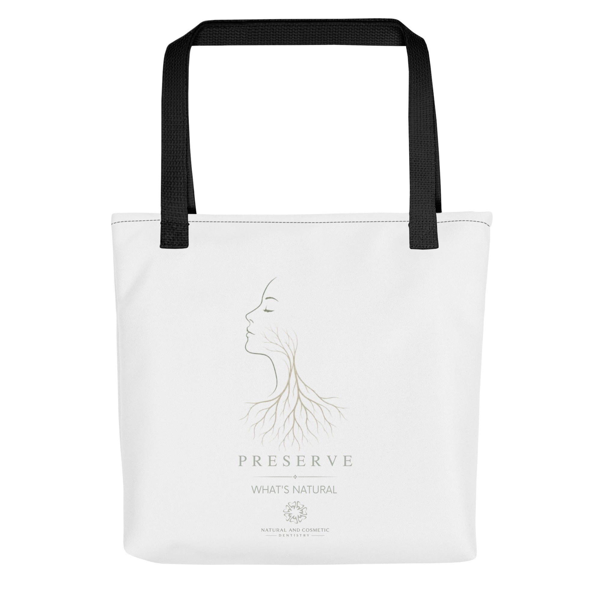 White Preserve What’s Natural tote bag featuring a woman’s profile transforming into branching tree roots, from the Natural & Cosmetic Dentistry philosophy collection.