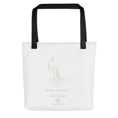 White Preserve What’s Natural tote bag featuring a woman’s profile transforming into branching tree roots, from the Natural & Cosmetic Dentistry philosophy collection.