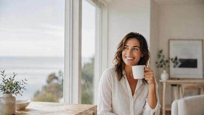 Woman holding a mug by the window