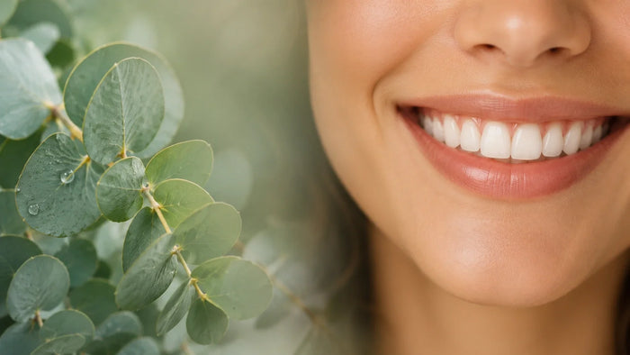 Close-up of smiling teeth with eucalyptus leaves