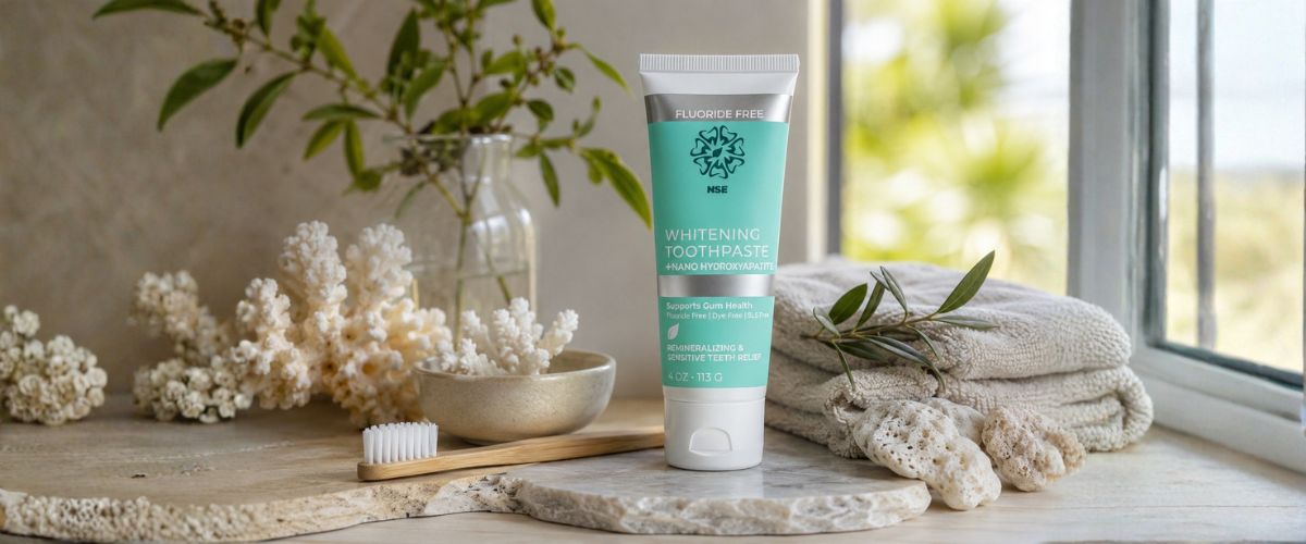 Fluoride-free whitening toothpaste with bamboo toothbrush for daily teeth care