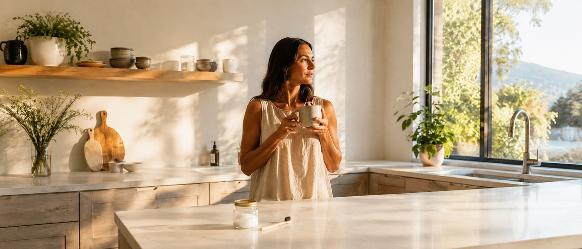 Woman holding a mug in a sunlit modern kitchen