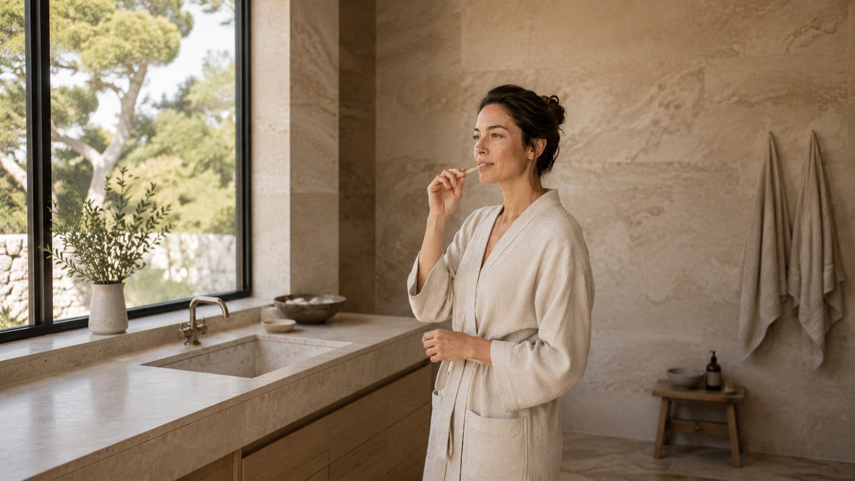 Woman brushing teeth in a modern bathroom during a natural oral care routine