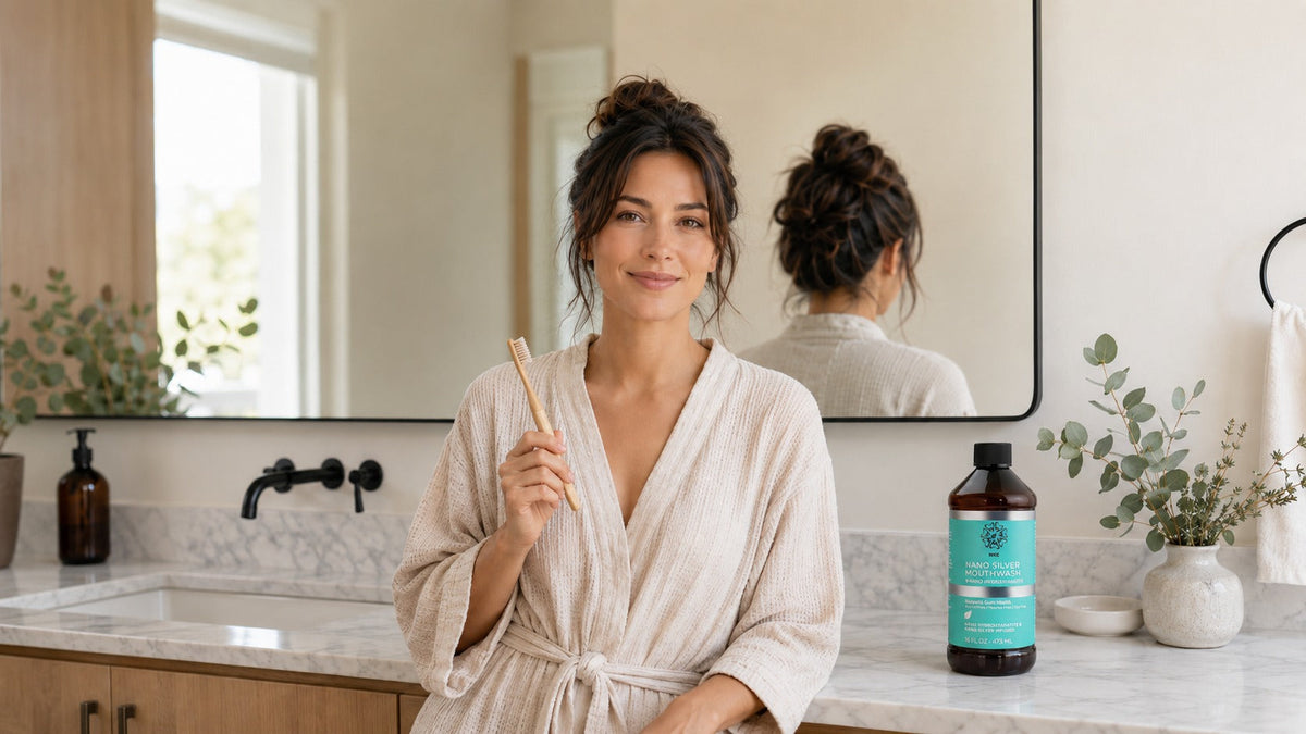 Woman with toothbrush and mouthwash