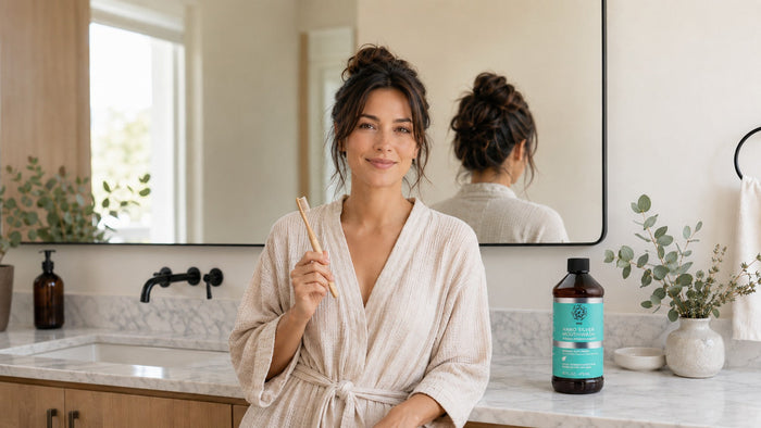 Woman with toothbrush and mouthwash