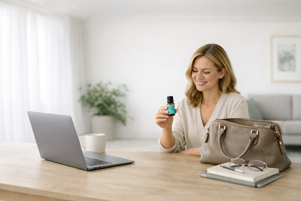 Woman holding Oral Renew oral care drops at desk with laptop