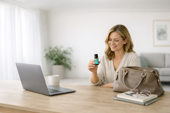 Woman holding Oral Renew oral care drops at desk with laptop