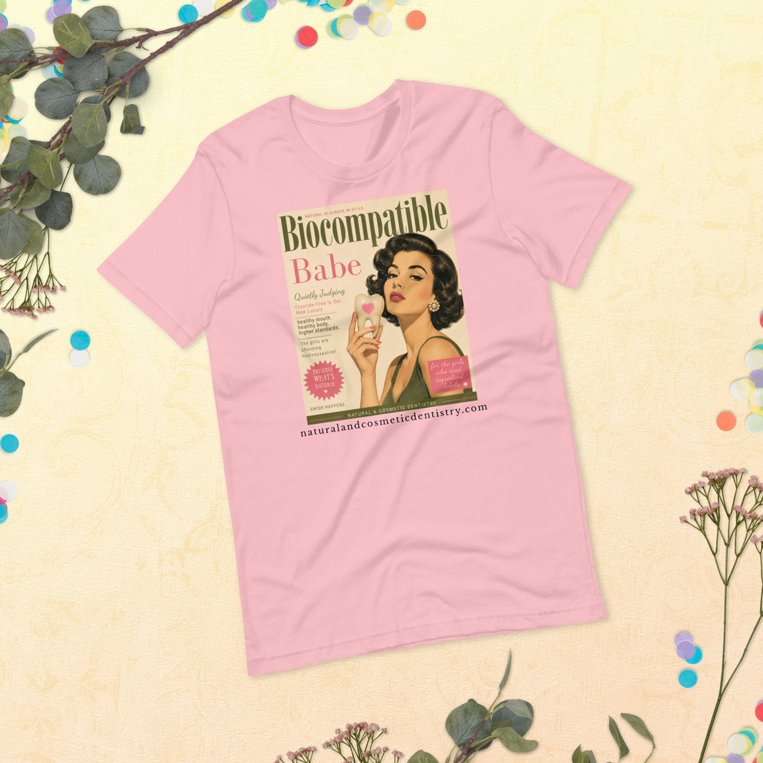 Biocompatible Babe retro wellness graphic tee in soft pink