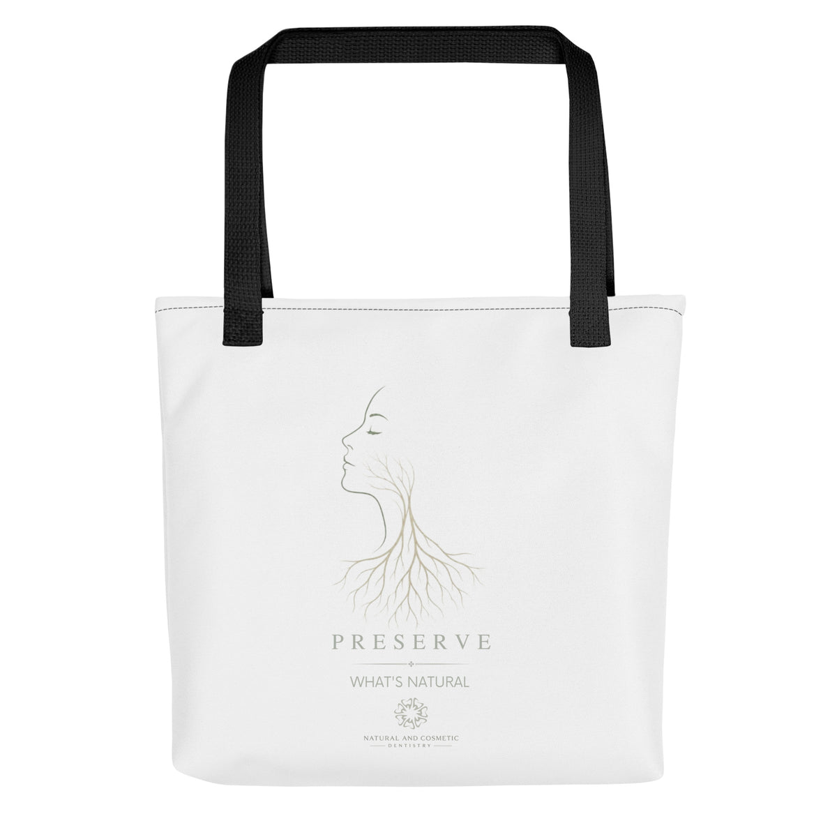 White Preserve What’s Natural tote bag featuring a woman’s profile transforming into branching tree roots, from the Natural & Cosmetic Dentistry philosophy collection.