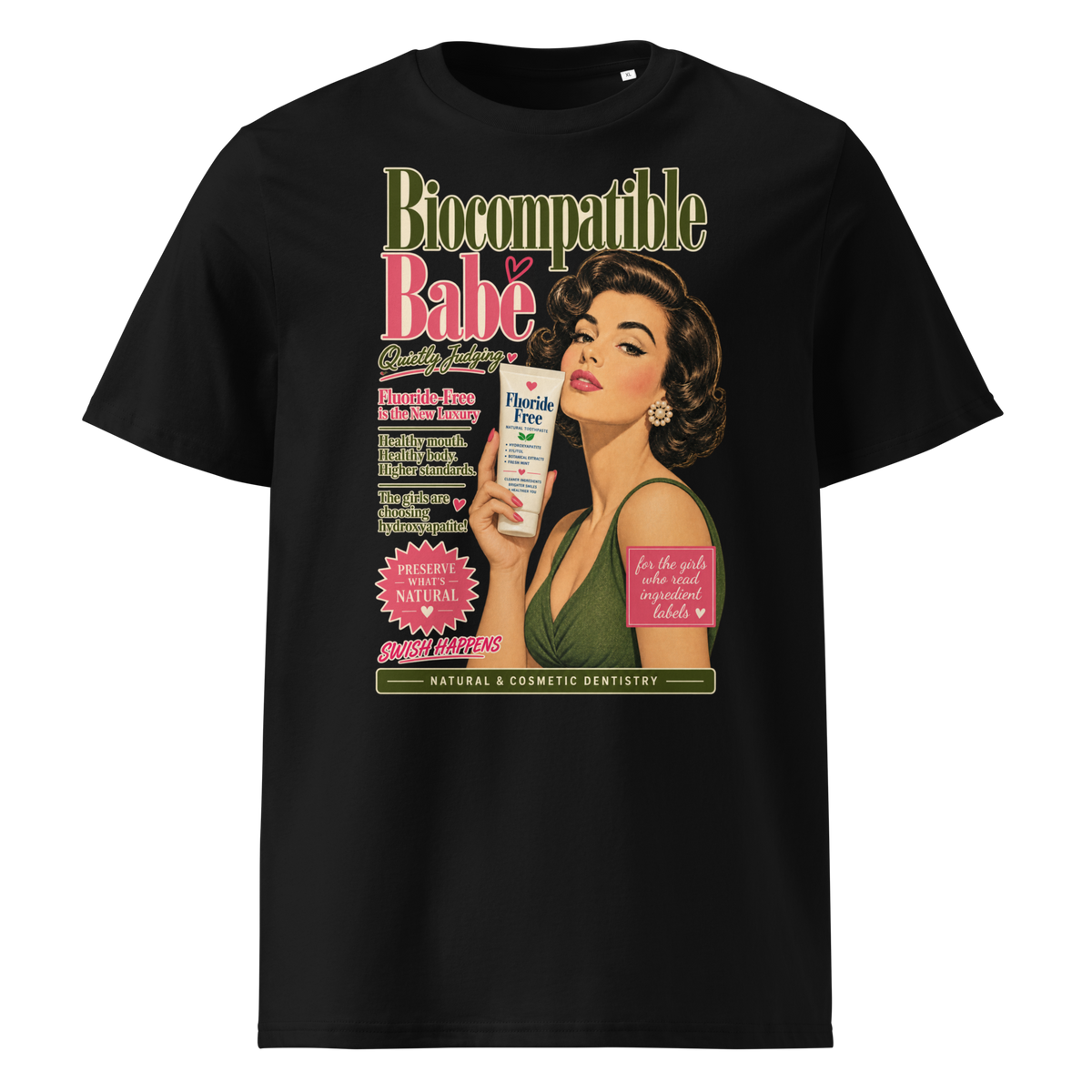 Biocompatible Babe organic cotton T-shirt in black featuring a vintage holistic dentistry graphic