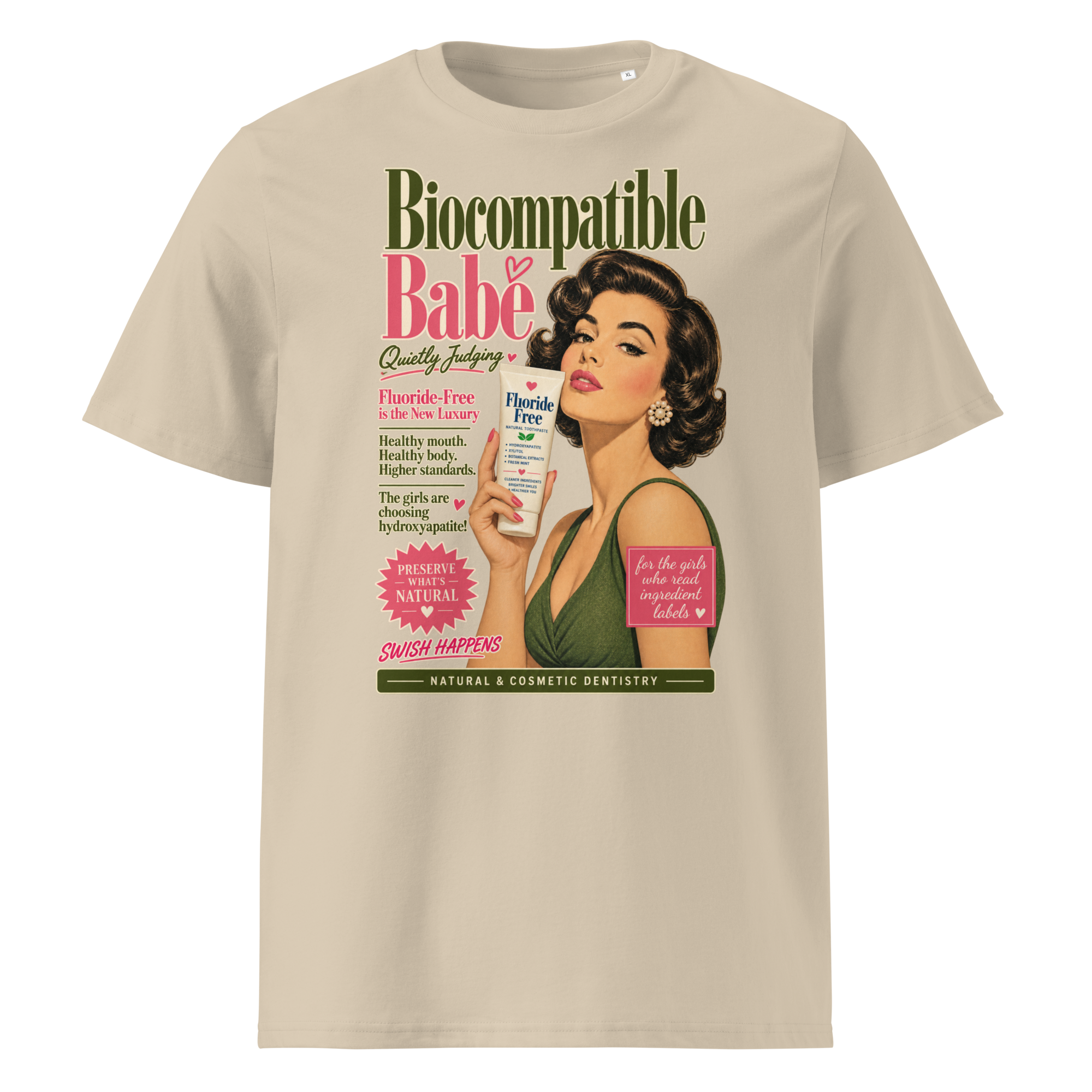 Biocompatible Babe organic cotton T-shirt in pink featuring a vintage holistic dentistry graphic