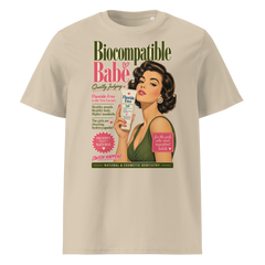 Biocompatible Babe organic cotton T-shirt in pink featuring a vintage holistic dentistry graphic