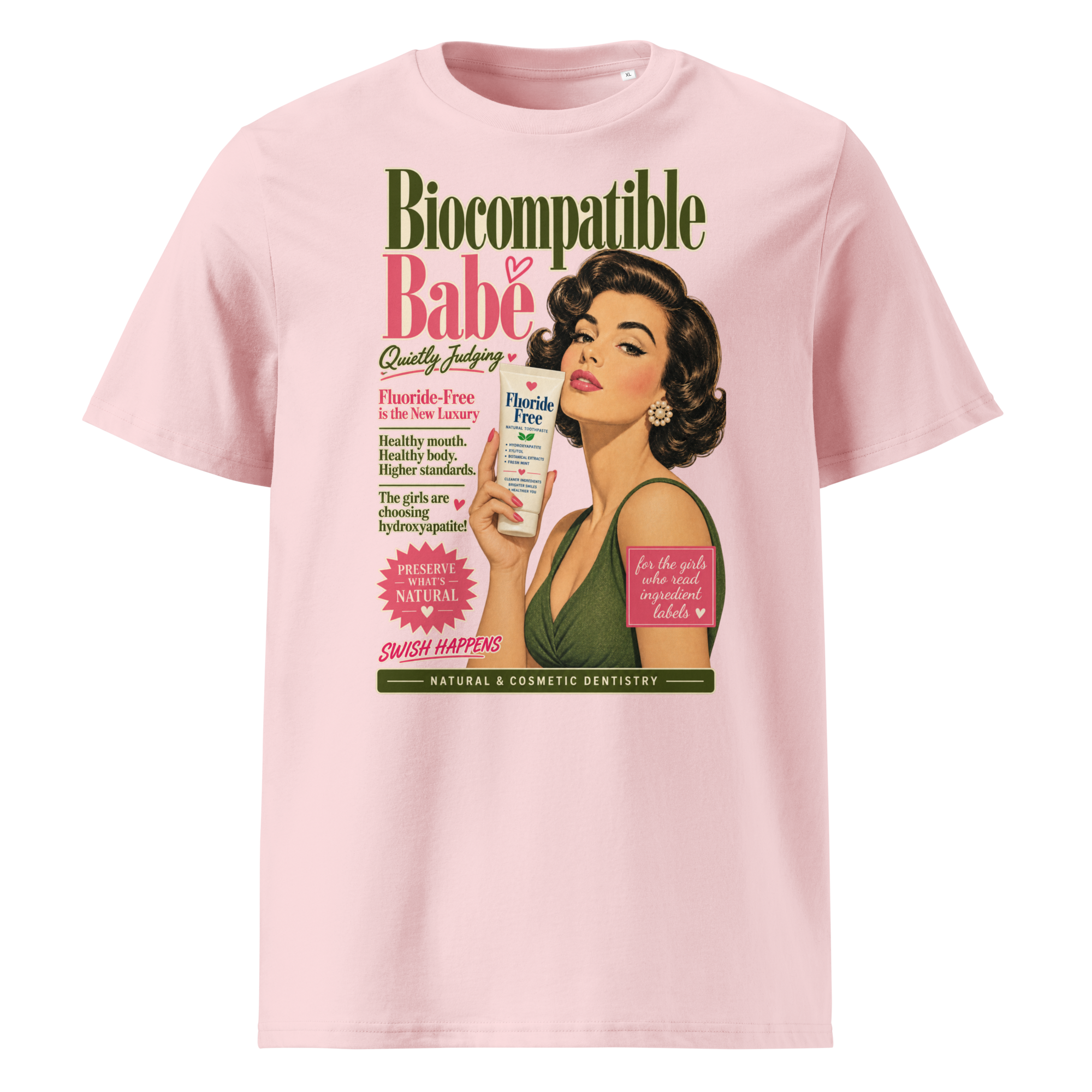 Biocompatible Babe organic cotton T-shirt in pink featuring a vintage holistic dentistry graphic