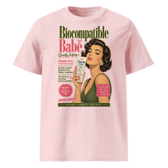 Biocompatible Babe organic cotton T-shirt in pink featuring a vintage holistic dentistry graphic