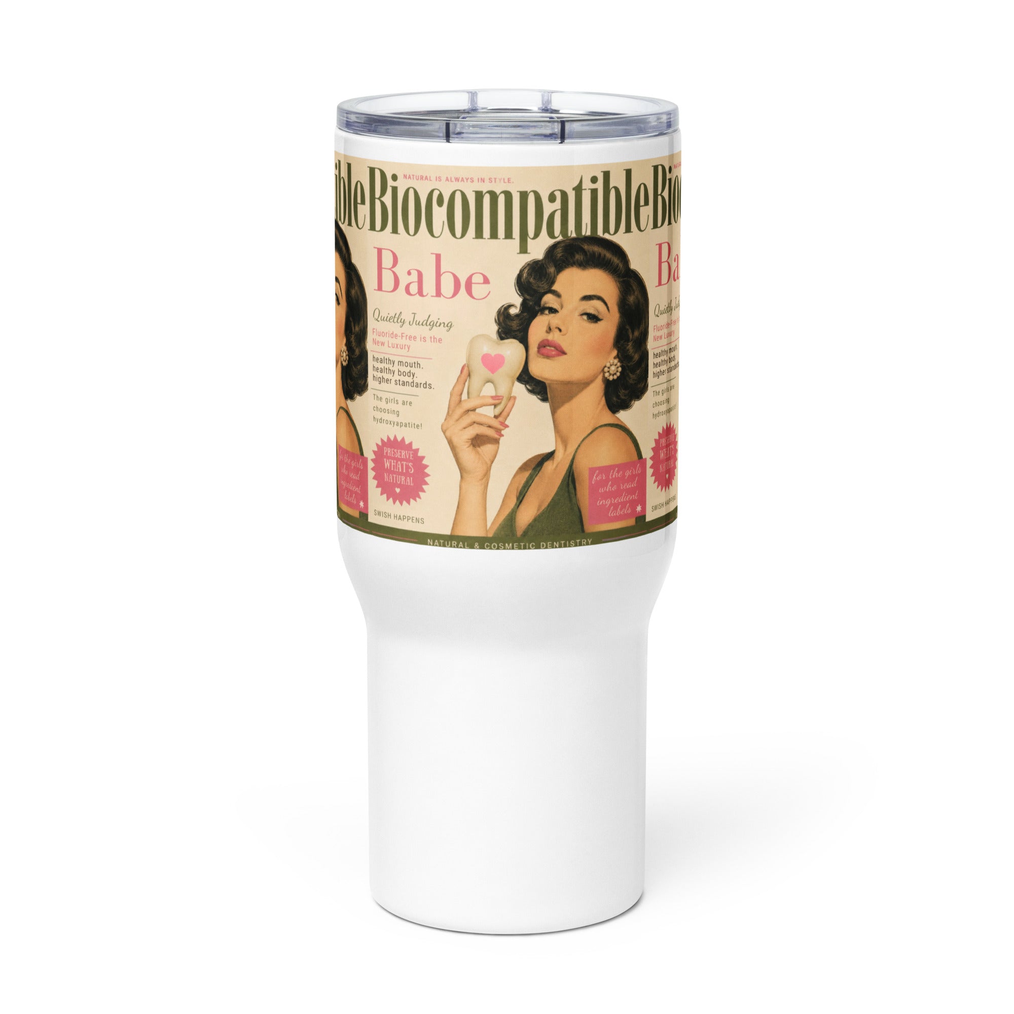 Biocompatible Babe travel mug with retro holistic dentistry design
